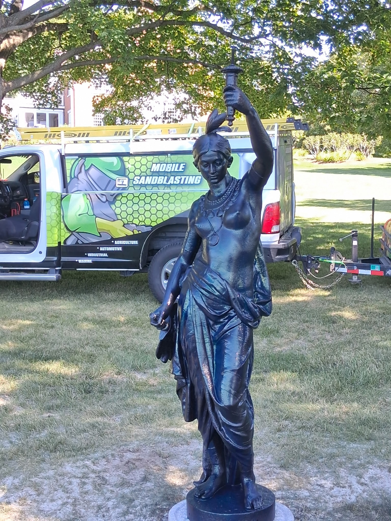 Six-Foot Indian Statue Restoration – Sandblasting & Painting Six-foot Indian statue restored by sandblasting to bare substrate and refinishing in black.
