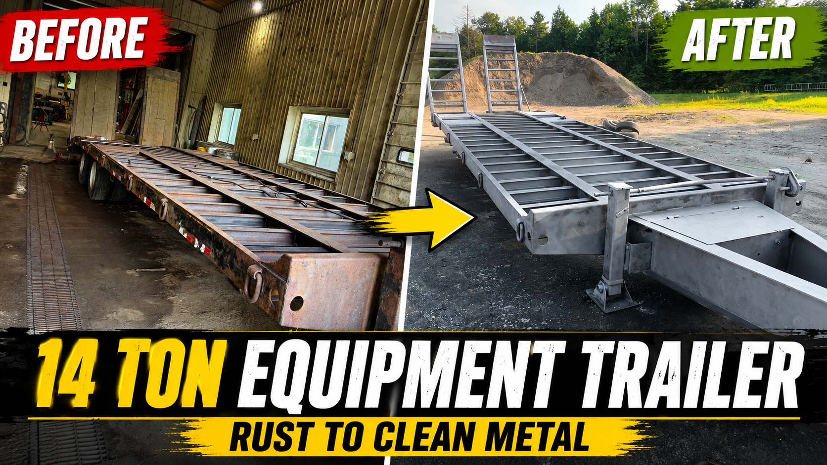 14-Ton Equipment Trailer Sandblasting – Waitsfield, Vermont Before and after sandblasting of a 14-ton equipment trailer in Waitsfield Vermont