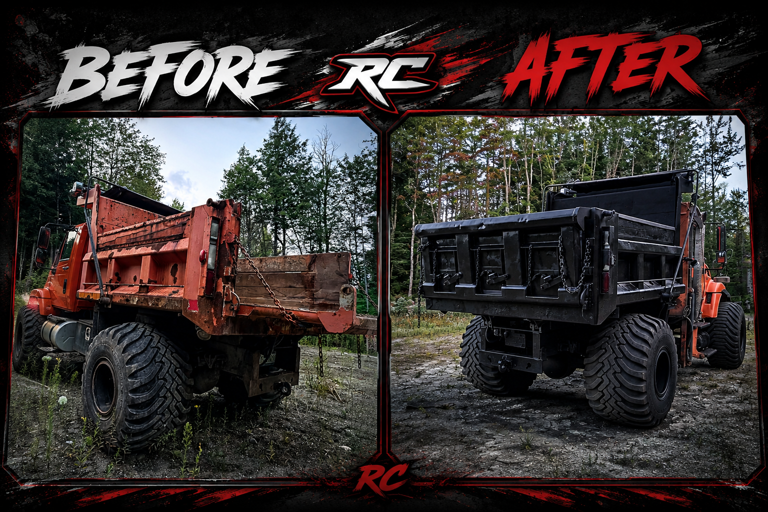 Old State Dump Truck Restoration – Complete Sandblasting & Rust Treatment Before during and after restoration of an old state dump truck with the dump bed frame and front plow attachments sandblasted and treated with XIONLABS