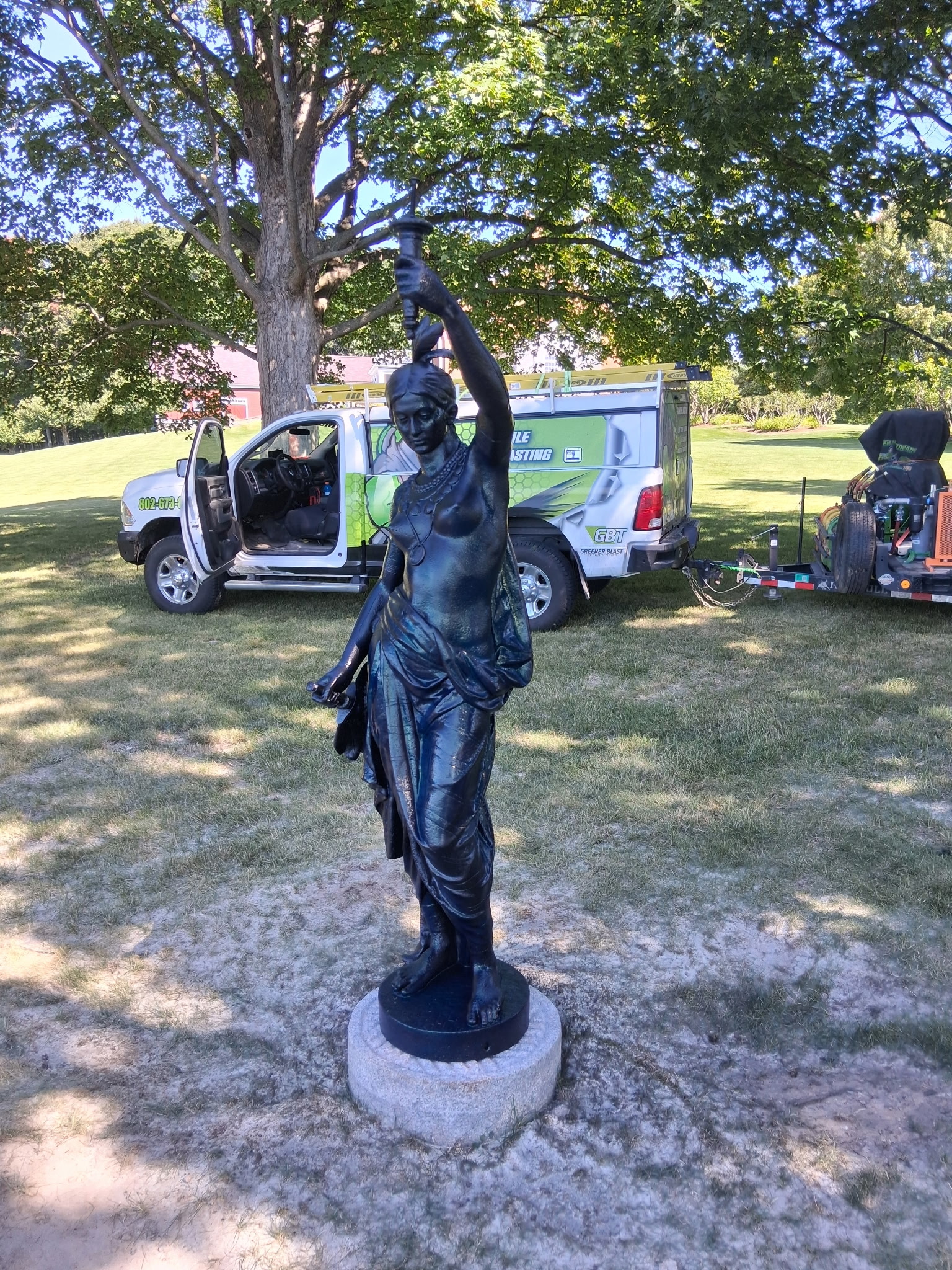 Six-Foot Indian Statue Restoration – Sandblasting & Painting Six-foot Indian statue restored by sandblasting to bare substrate and refinishing in black.