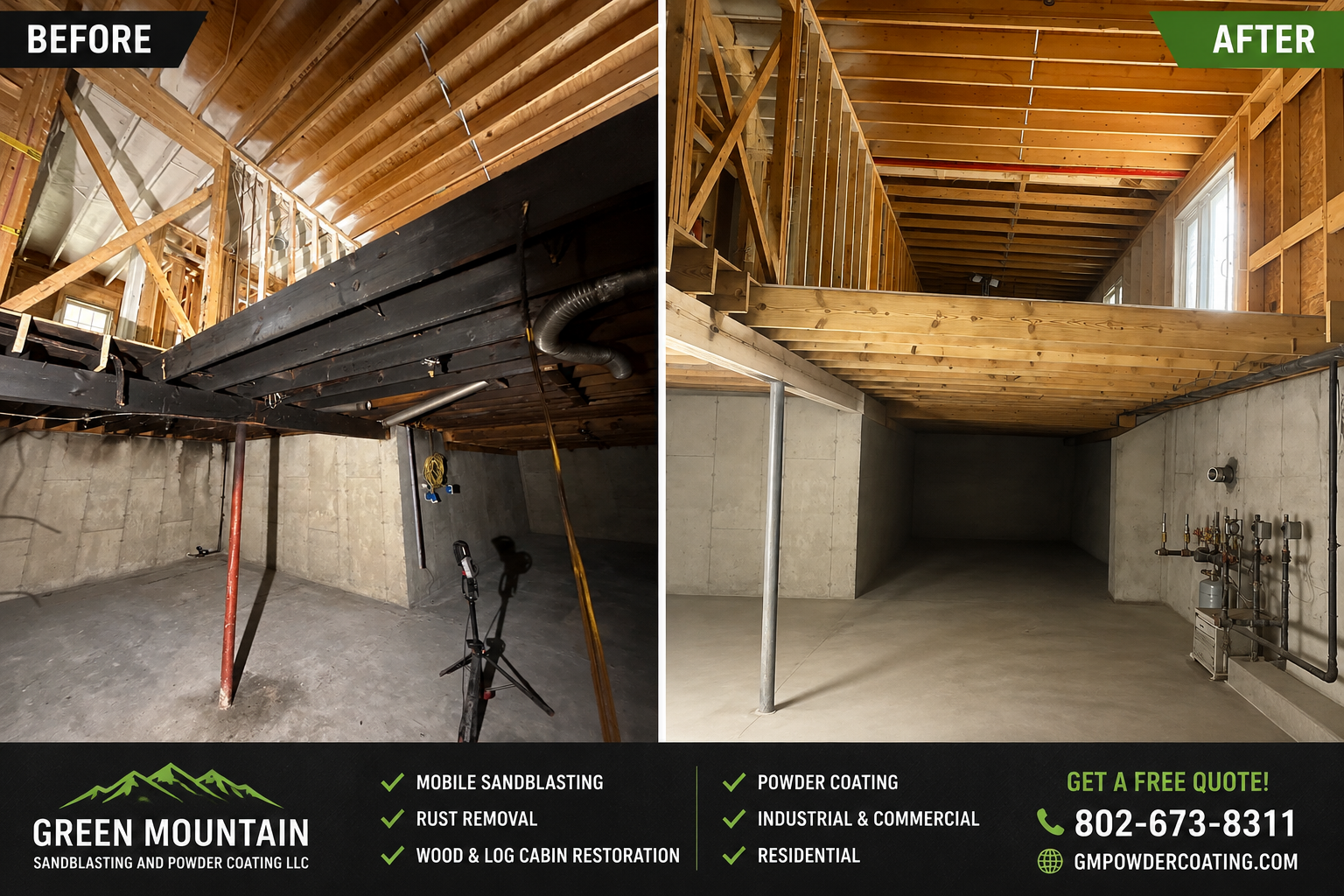 Fire Damage Restoration – Before & After Sandblasting Burned home before and after sandblasting restoration by Green Mountain Sandblasting and Powder Coating LLC for Phase Two Construction