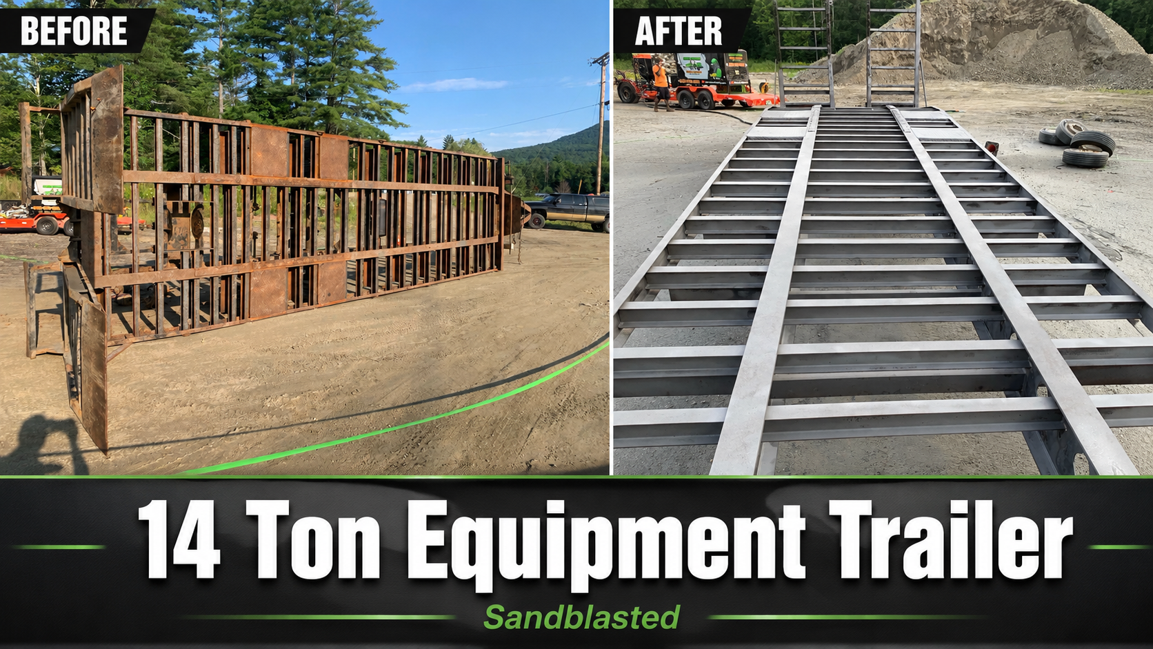 14-Ton Equipment Trailer Sandblasting – Waitsfield, Vermont Before and after sandblasting of a 14-ton equipment trailer in Waitsfield Vermont