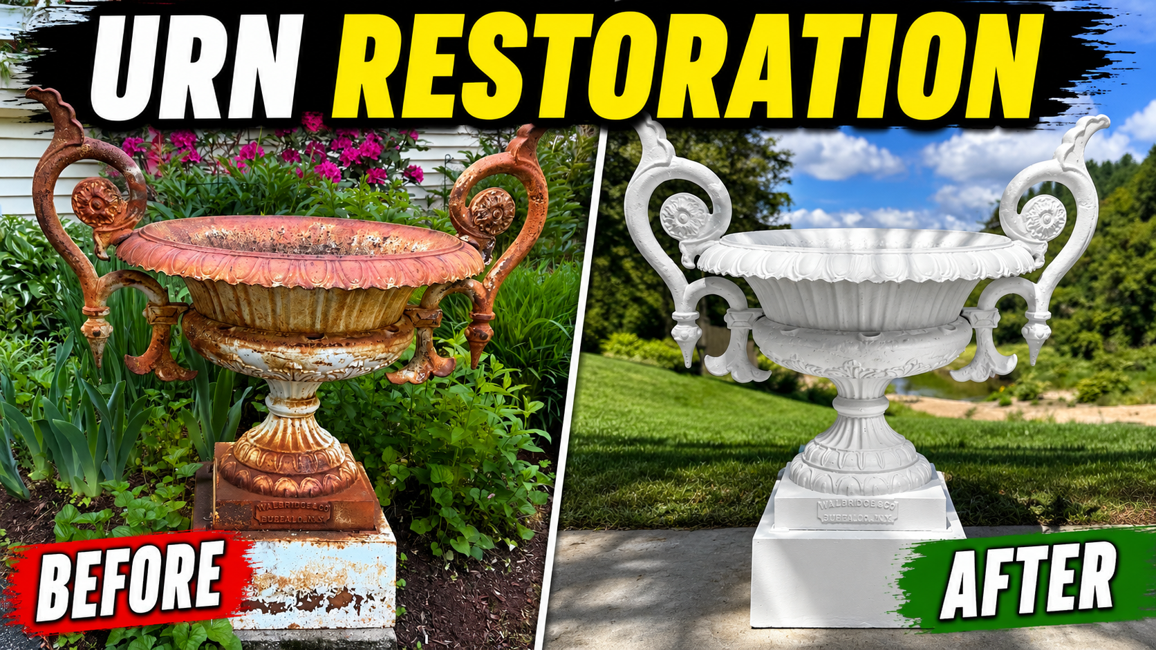 Old Urn Restored – Sandblasted & Refinished in White Enamel Old decorative urn restored by sandblasting and refinished with white enamel and a matte clear coat