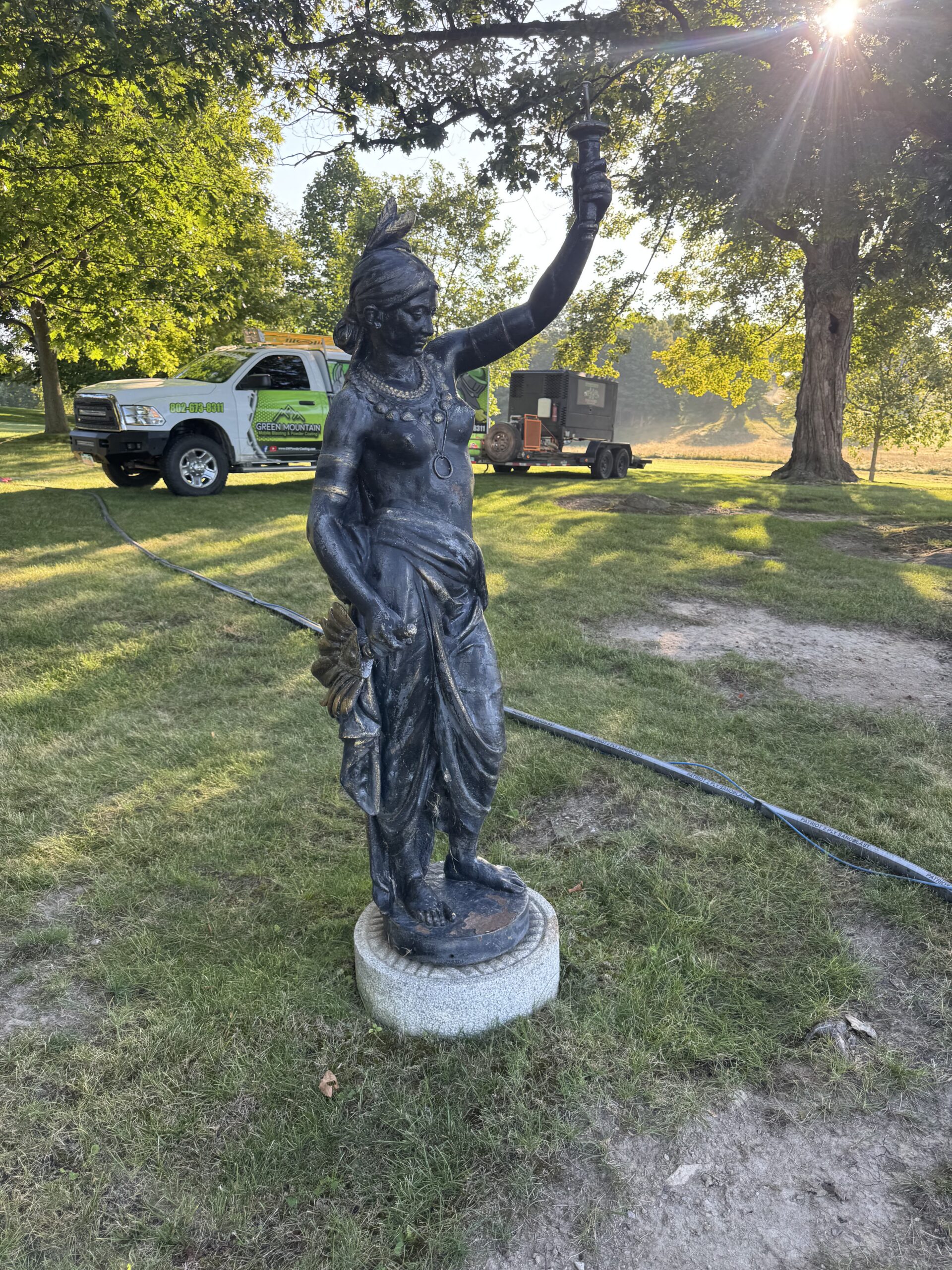 Six-Foot Indian Statue Restoration – Sandblasting & Painting Six-foot Indian statue restored by sandblasting to bare substrate and refinishing in black.
