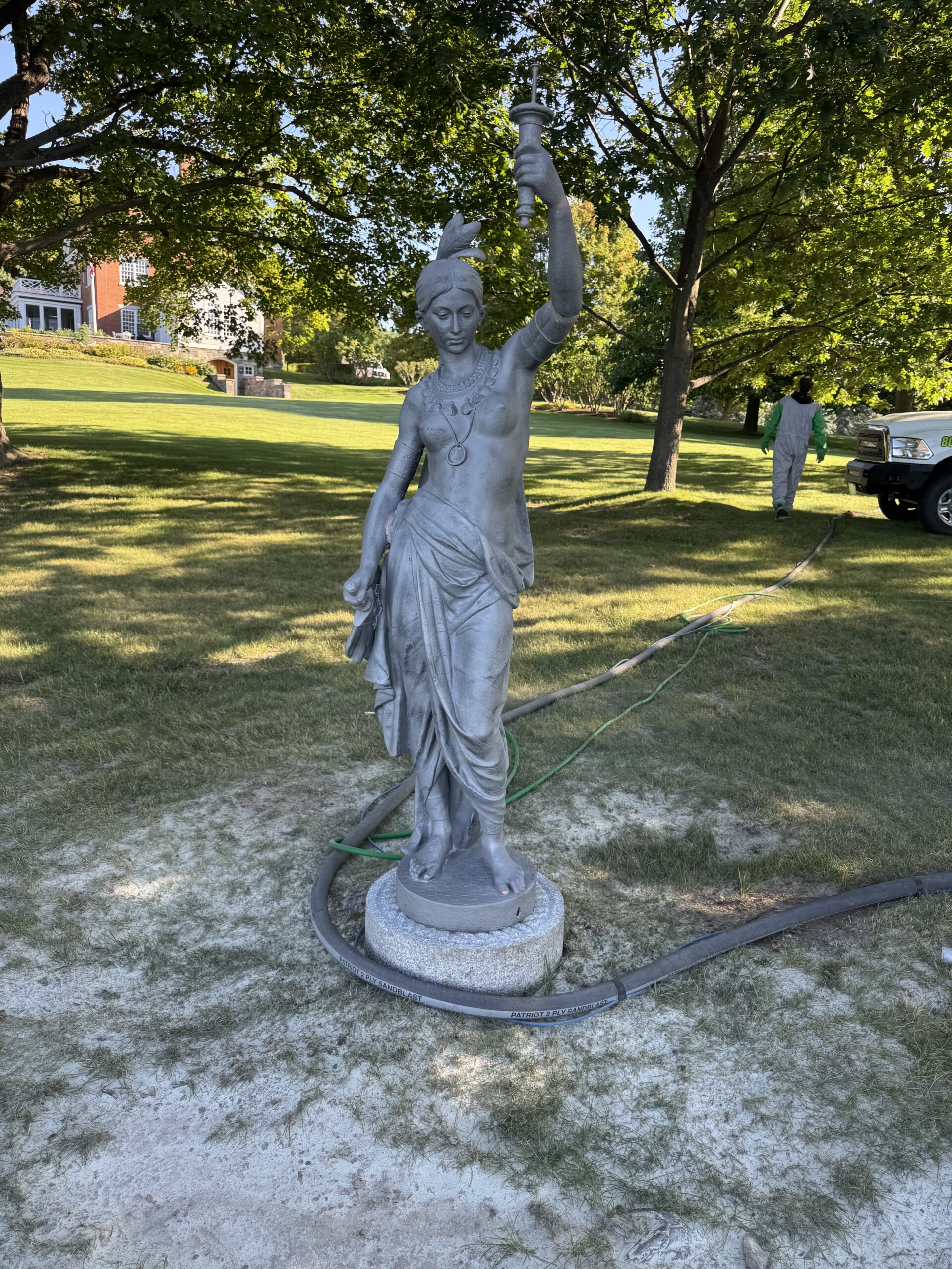 Six-Foot Indian Statue Restoration – Sandblasting & Painting Six-foot Indian statue restored by sandblasting to bare substrate and refinishing in black.