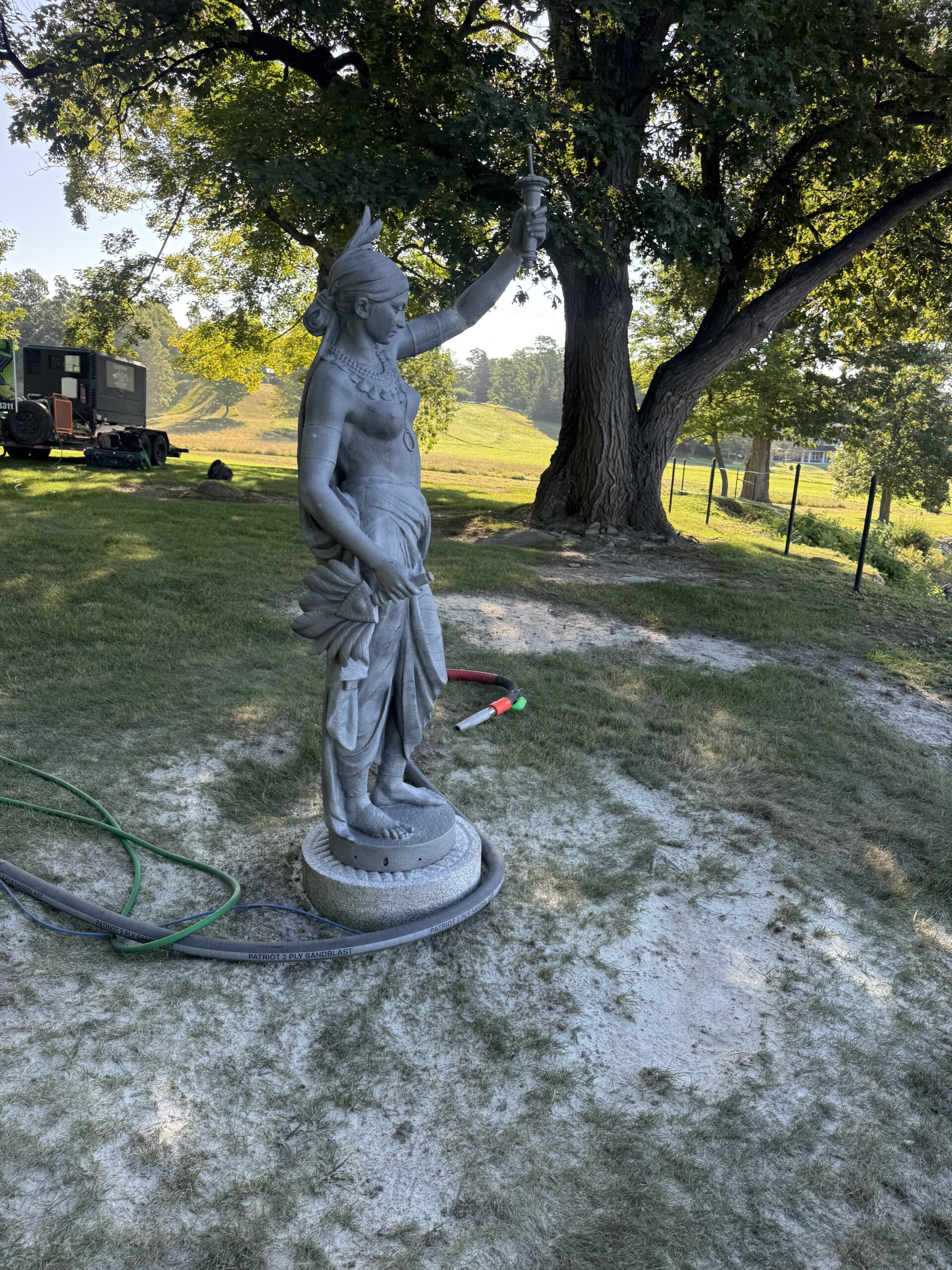 Six-Foot Indian Statue Restoration – Sandblasting & Painting Six-foot Indian statue restored by sandblasting to bare substrate and refinishing in black.