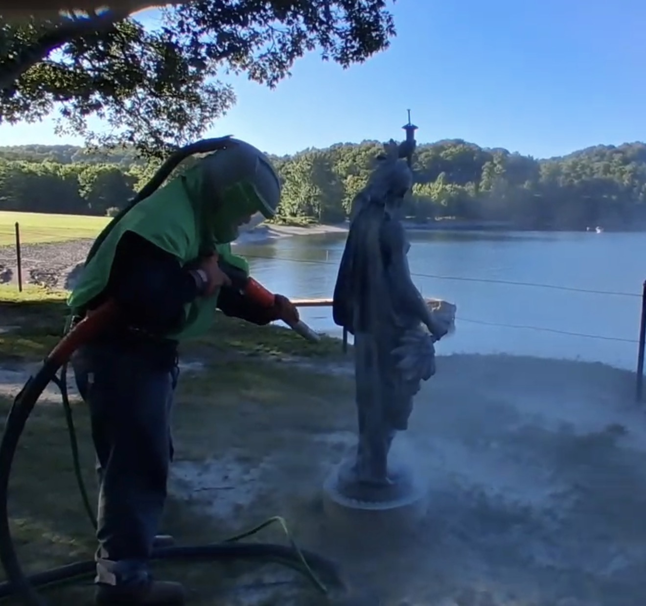Six-Foot Indian Statue Restoration – Sandblasting & Painting Six-foot Indian statue restored by sandblasting to bare substrate and refinishing in black.