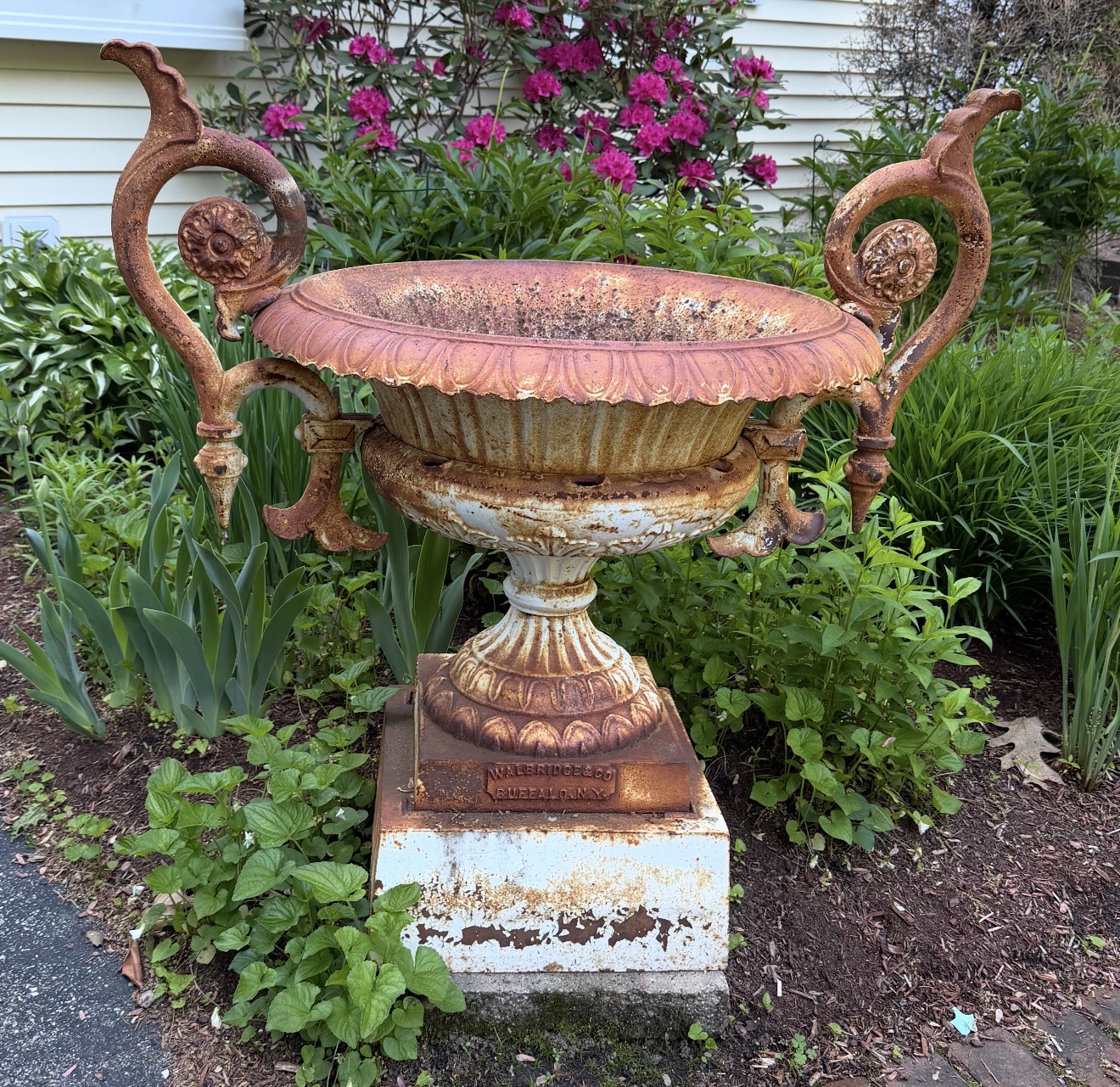 Old Urn Restored – Sandblasted & Refinished in White Enamel Old decorative urn restored by sandblasting and refinished with white enamel and a matte clear coat