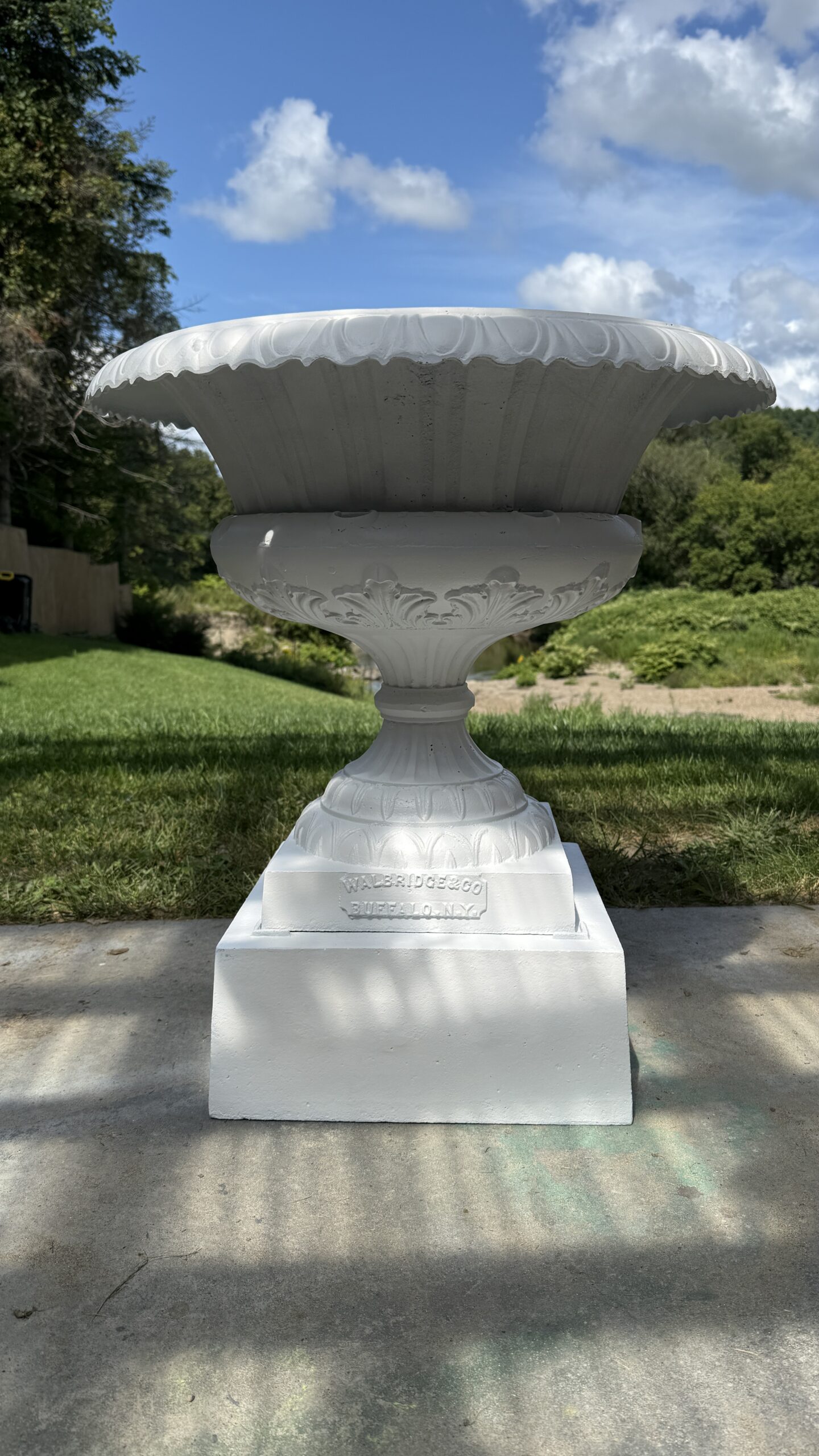 Old Urn Restored – Sandblasted & Refinished in White Enamel Old decorative urn restored by sandblasting and refinished with white enamel and a matte clear coat