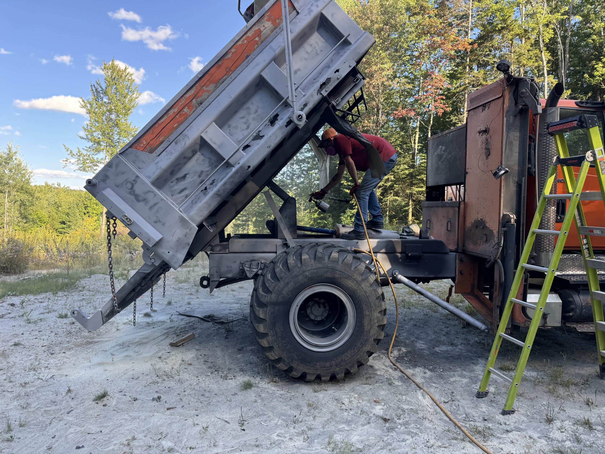 Old State Dump Truck Restoration – Complete Sandblasting & Rust Treatment Before during and after restoration of an old state dump truck with the dump bed frame and front plow attachments sandblasted and treated with XIONLABS