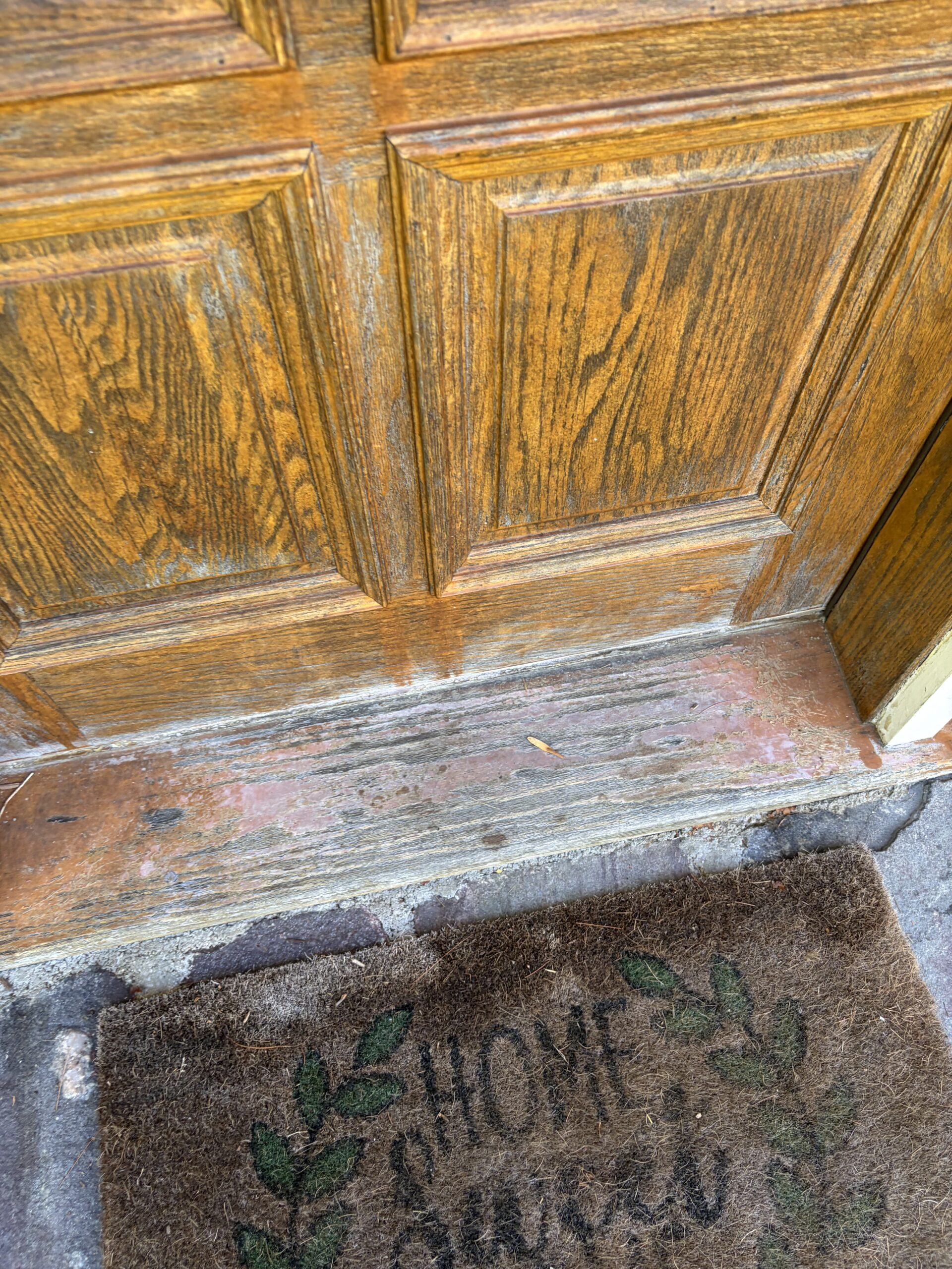 Front Door & Entryway Wood Restoration – Rutland, Vermont Before and after restoration of a weathered wood front door entryway in Rutland Vermont, sandblasted back to fresh wood and finished with a light golden sealer