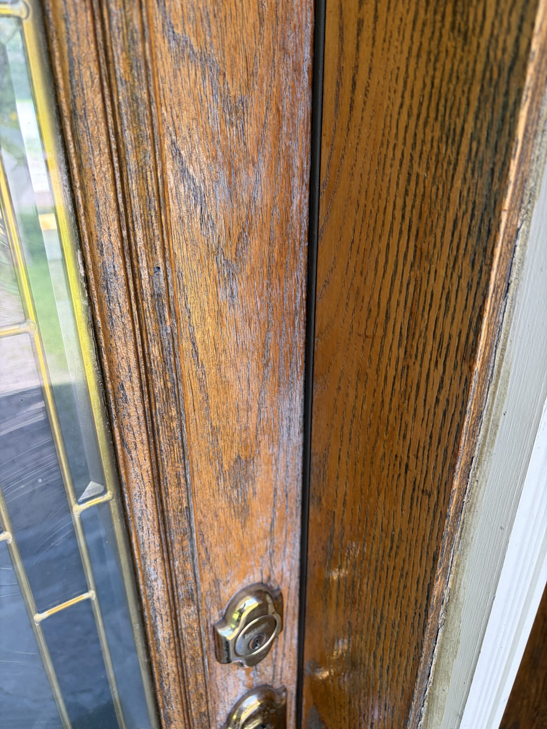 Front Door & Entryway Wood Restoration – Rutland, Vermont Before and after restoration of a weathered wood front door entryway in Rutland Vermont, sandblasted back to fresh wood and finished with a light golden sealer