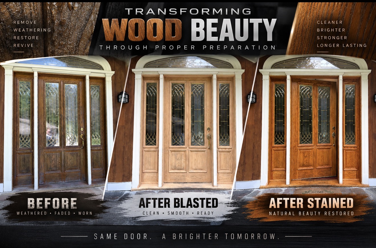 Front Door & Entryway Wood Restoration – Rutland, Vermont Before and after restoration of a weathered wood front door entryway in Rutland Vermont, sandblasted back to fresh wood and finished with a light golden sealer