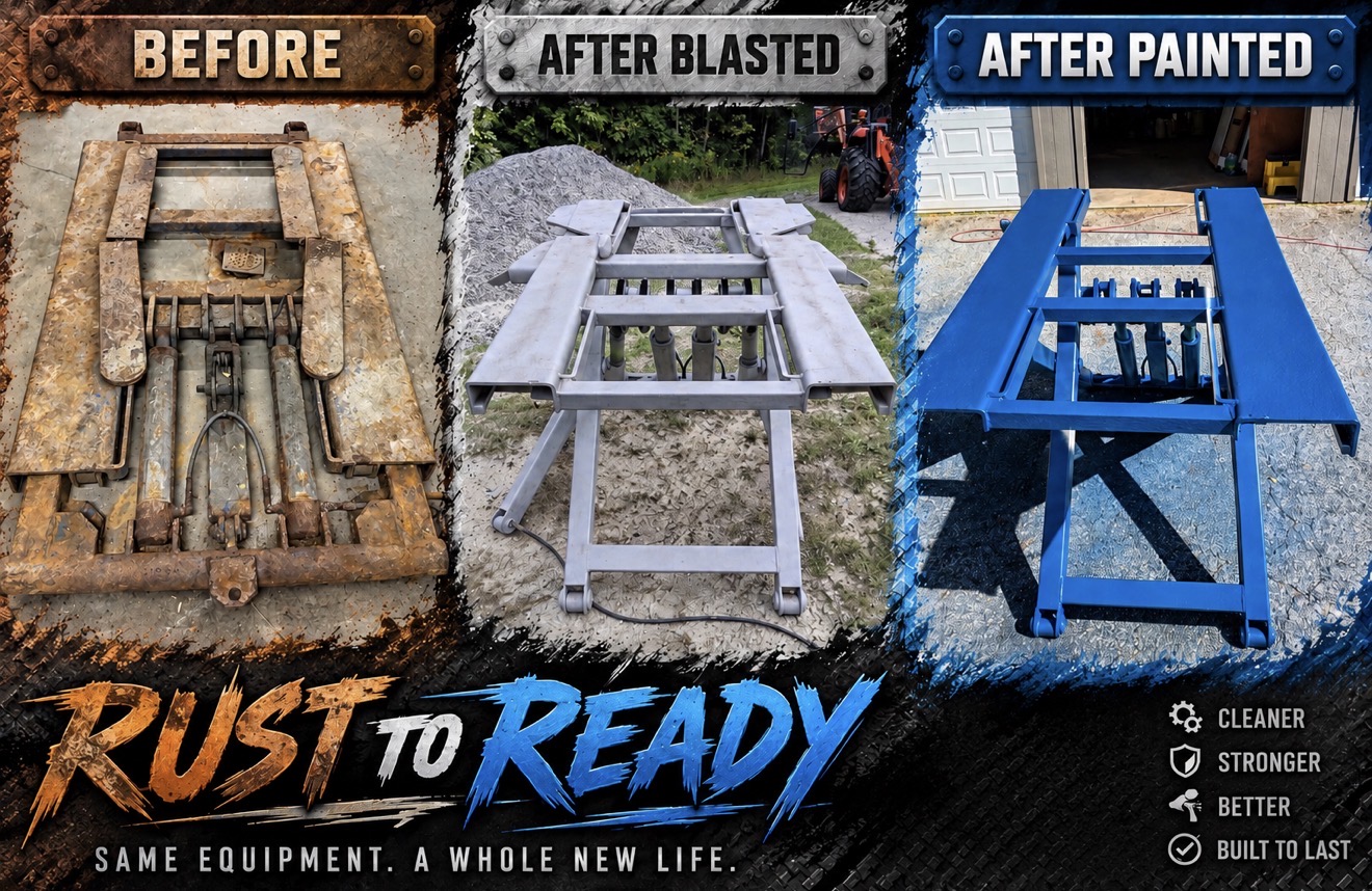Old Lift Sandblasting & Restoration – Rutland, Vermont Before during and after restoration of a rusty old lift in Rutland Vermont showing the lift before sandblasting, after rust removal, and after custom painting